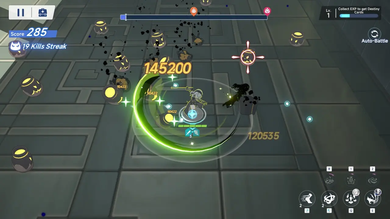 Stella Sora combat with skill effects over a Monolith arena