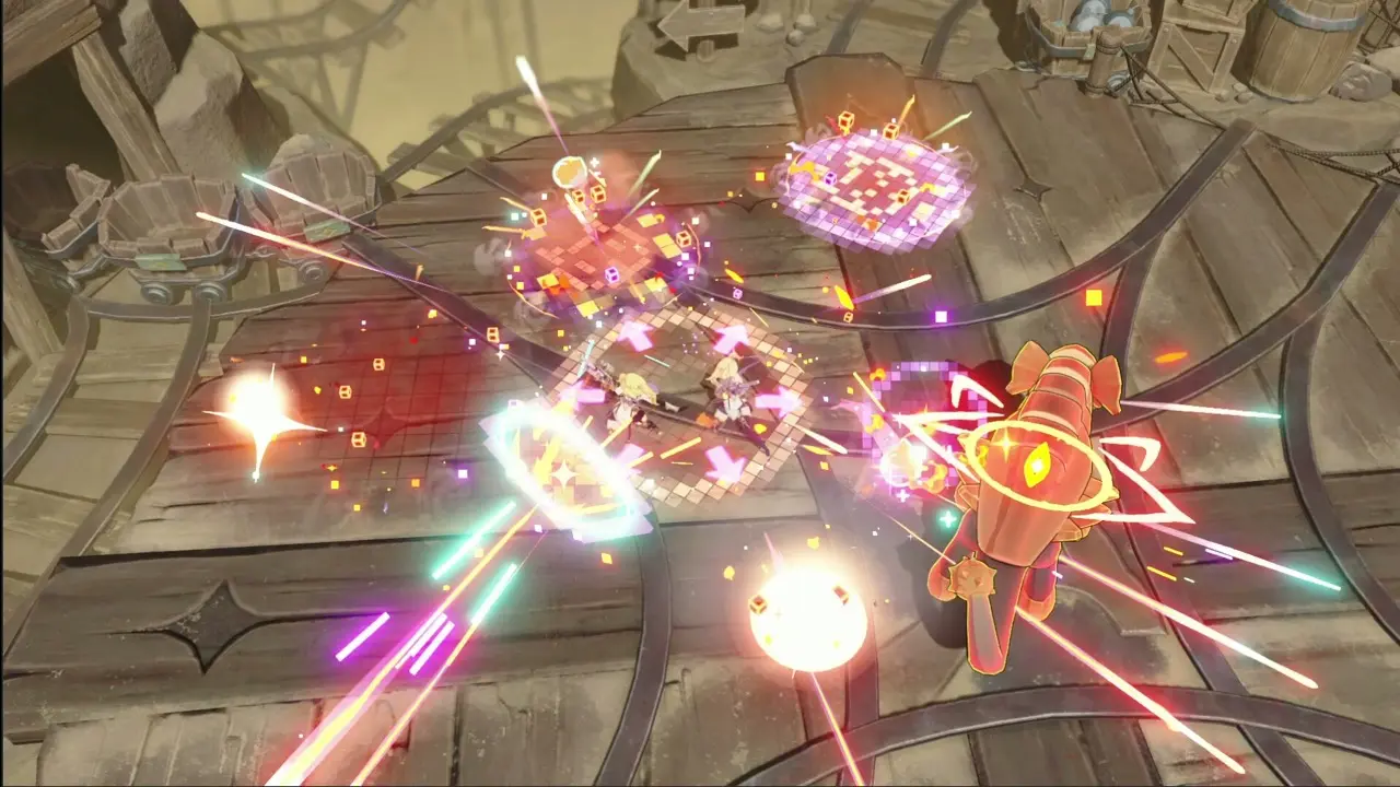 Stella Sora town scene with characters and Nova architecture